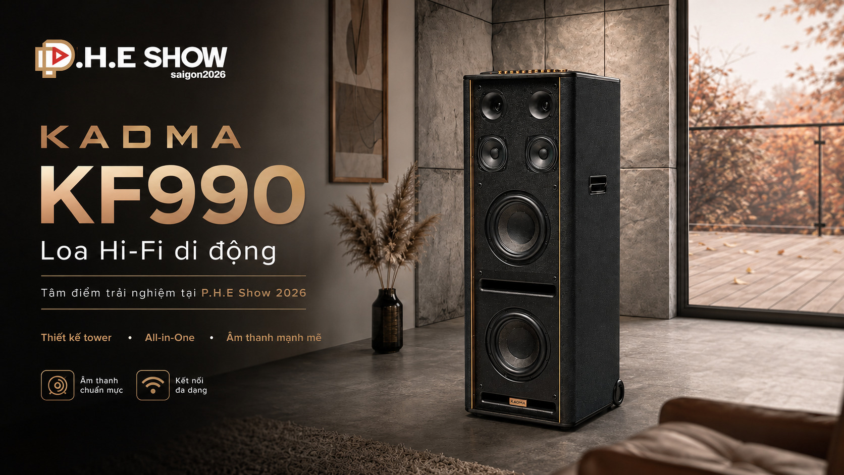 KADMA trình diễn dòng loa Hi-Fi di động đến P.H.E Show 2026, tâm điểm là KF990 công suất 600W
